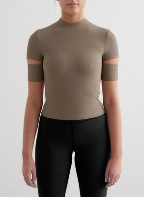 Dames yogatop met uitgesneden mouwen sneldrogend bruin