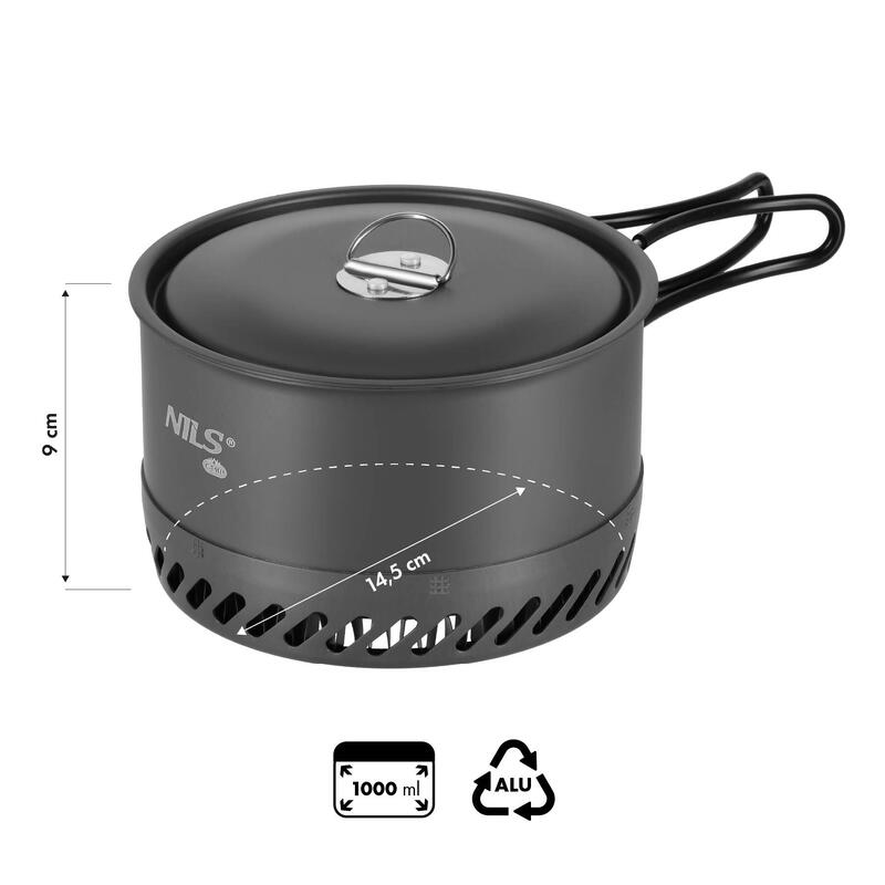 Oală de camping din aluminiu cu radiator și capac, 1000 ml NC4203 NILS CAMP