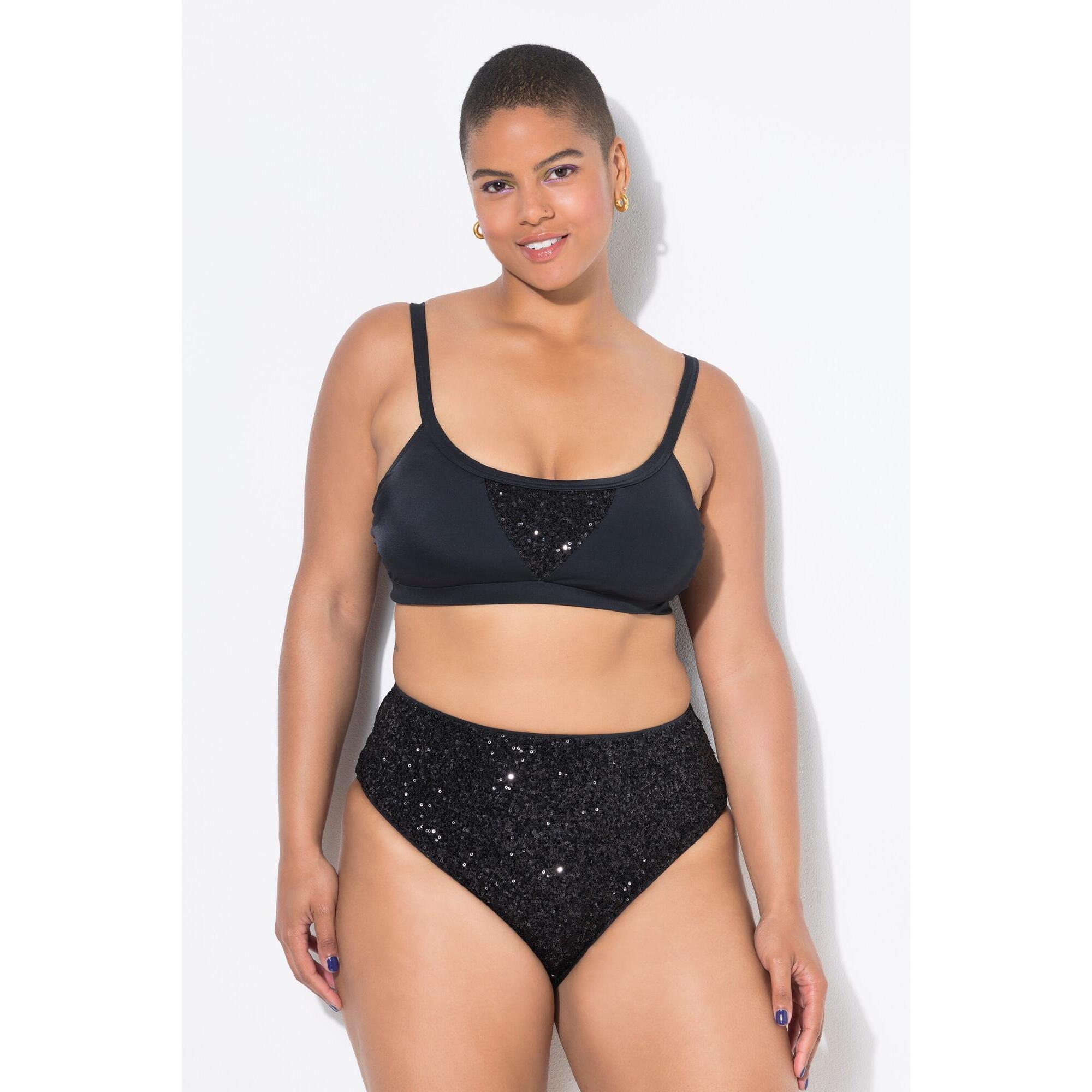 Ulla Popken - Femme Haut De Bikini Avec Bonnets Souples Paillettes - Maillot De Bain 2 Pièces (bikini) - Noir - 48 Xl - Decathlon