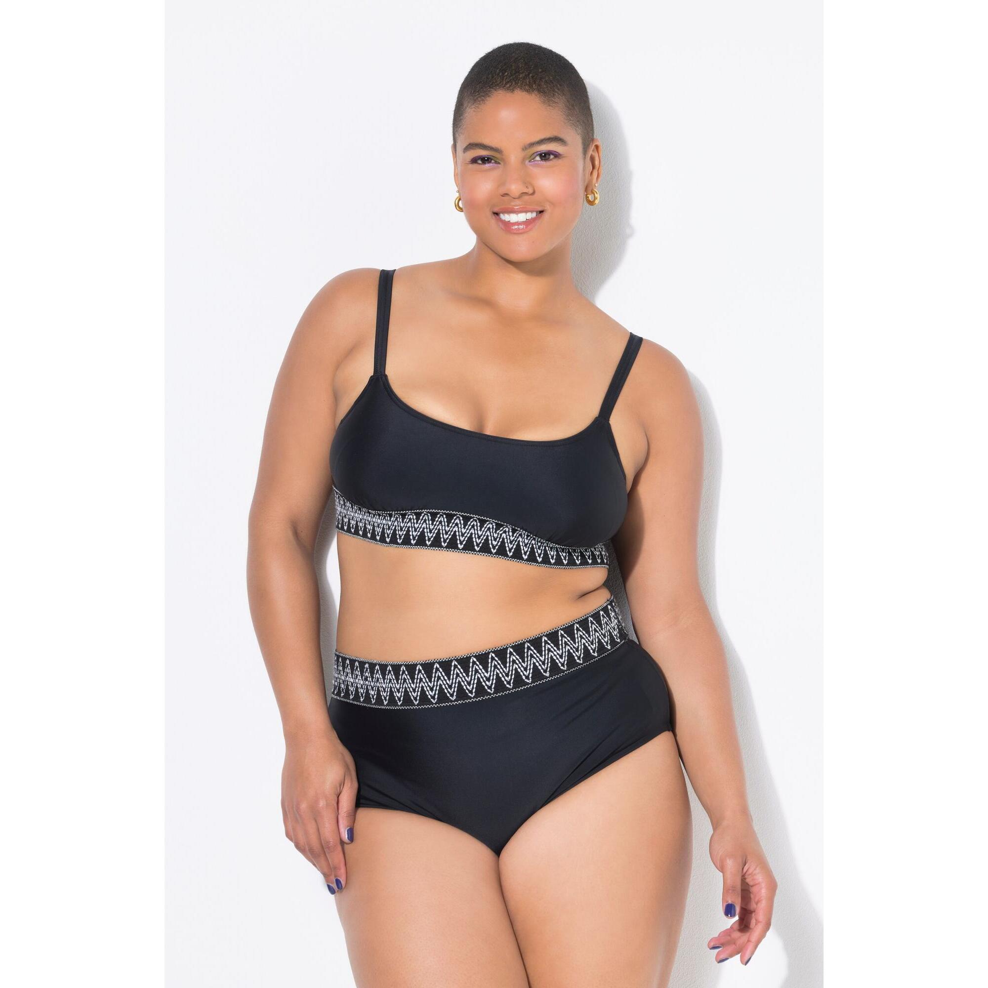 Ulla Popken - Femme Bas De Bikini Taille Haute Agrémentée De Broderies - Maillot De Bain 2 Pièces (bikini) - Noir - 52 2xl - Decathlon