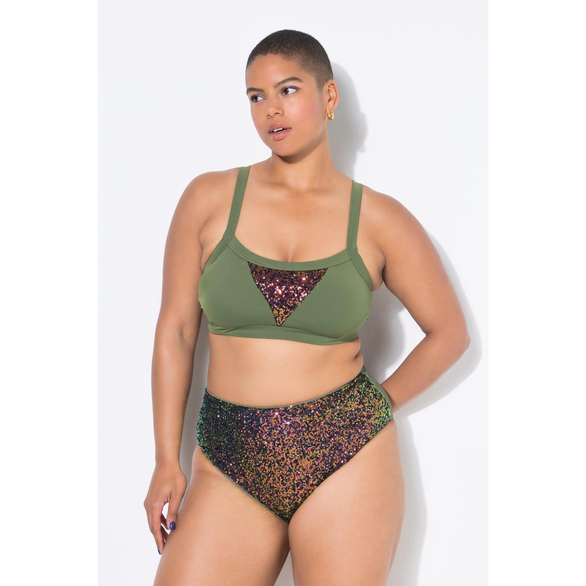 Ulla Popken - Femme Haut De Bikini Avec Bonnets Souples Paillettes - Maillot De Bain 2 Pièces (bikini) - Vert - Taille Unique - Decathlon