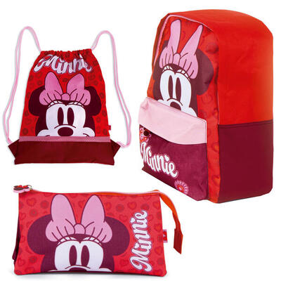 Set Vuelta al Cole Junior Minnie Mouse Mochila Saco Cuerdas y Estuche Triple