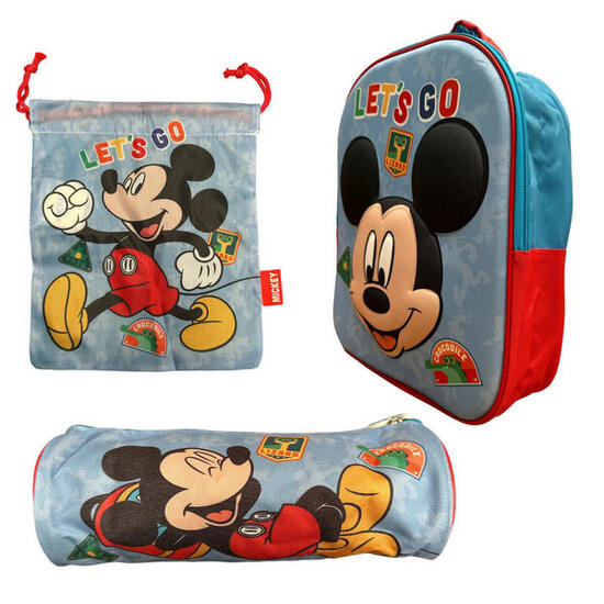 Set Vuelta al Cole Mickey Mouse Mochila Guardería Saco Merienda y Estuche