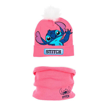 Set de Invierno Gorro Con Pompón Stitch y Braga Rosa Niña