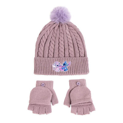 Set De Invierno Guantes Y Gorro con Pompón Stitch Rosa Infantil
