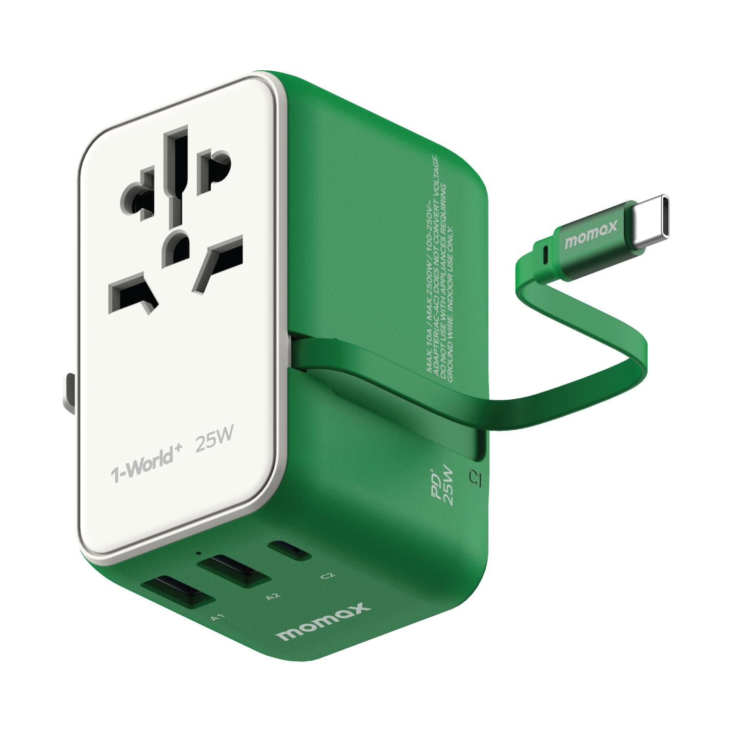 1-World+ 3-Ports Travel Charger (25W) Green