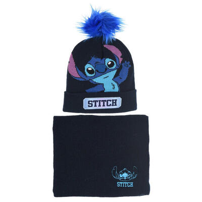 Set de Invierno Gorro Con Pompón Stitch y Braga Azul Marino Niña
