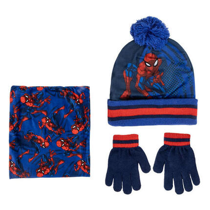 Set De Invierno Braga Para Cuello Gorro Guantes Spiderman Azul Marino Niño