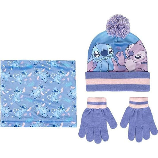 Set De Invierno Braga Para Cuello Gorro Guantes Stitch Azul y Rosa Niña