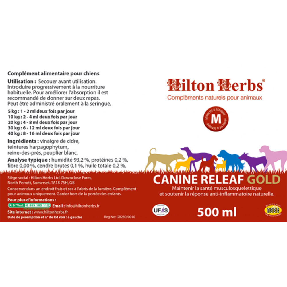 Anti-inflammatoire naturel chien Canine Releaf Gold Hilton Herbs 500mL 2/2