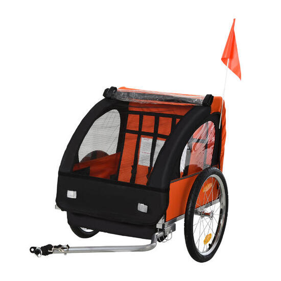 HOMCOM Rimorchio Bici Bambini 2 Posti con Cinture di Sicurezza Arancione
