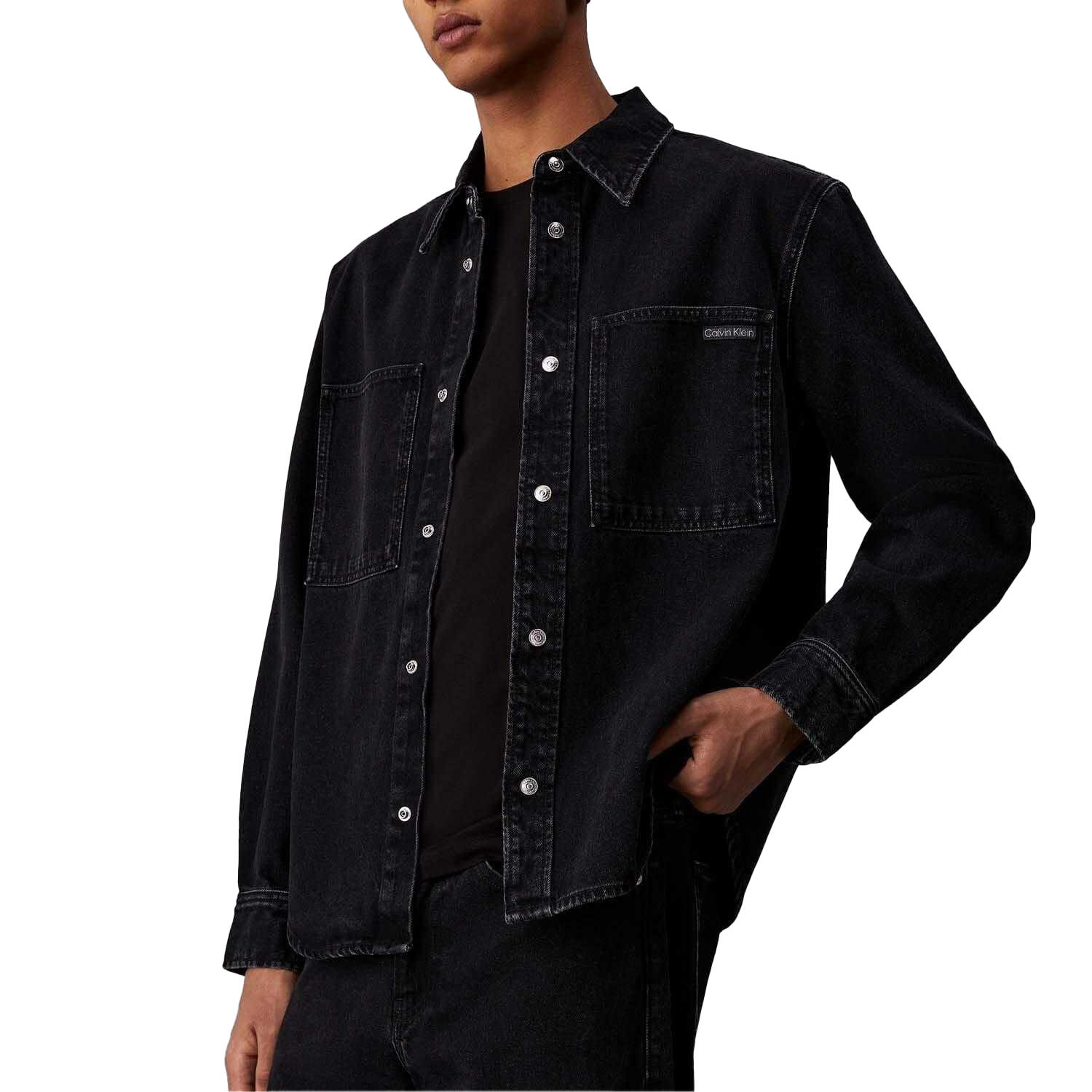 Mens Linear Denim Regular Shirt (Black) 1/3