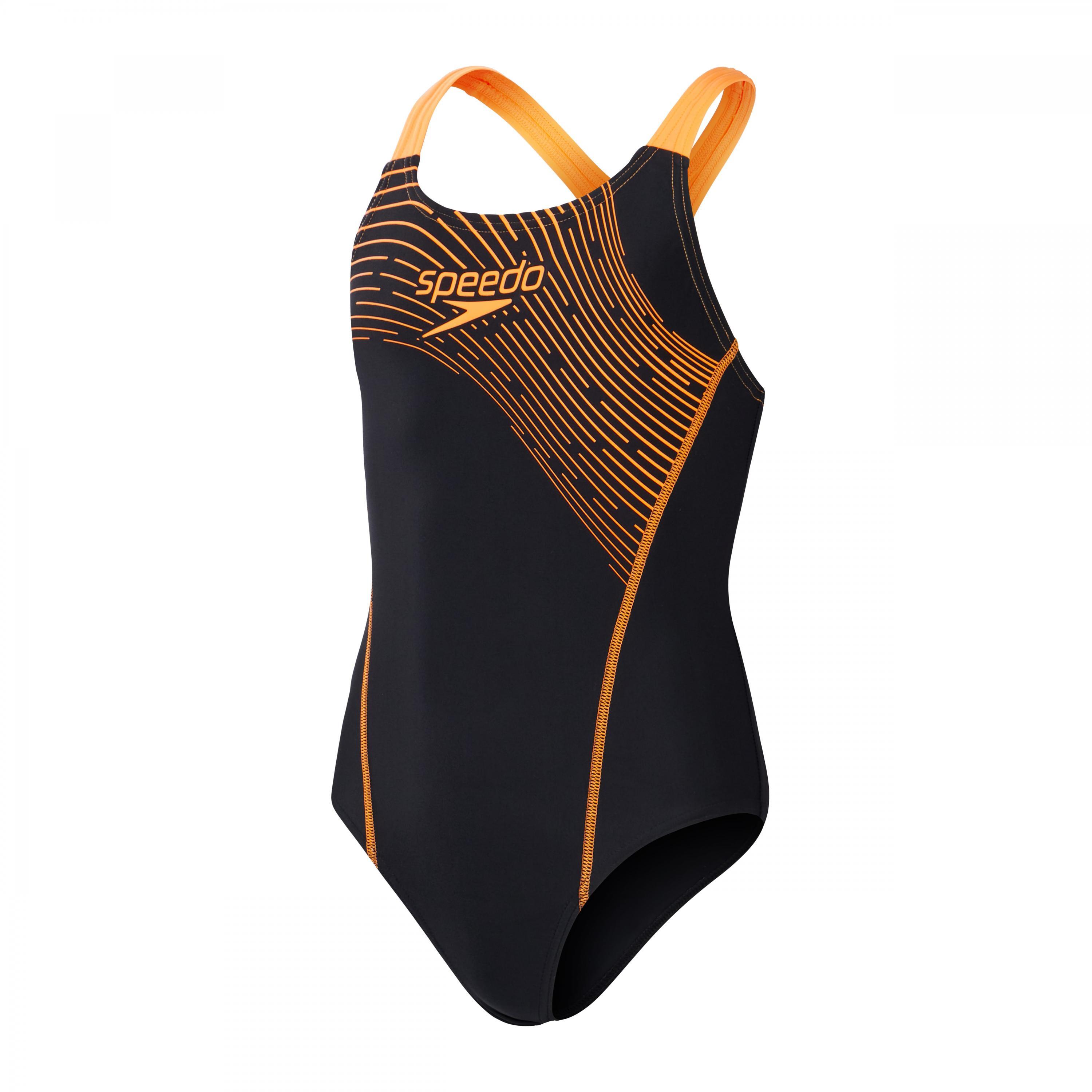 Girls Medley Medalist Logo One Piece Swimsuit (Black/Orange) 1/4