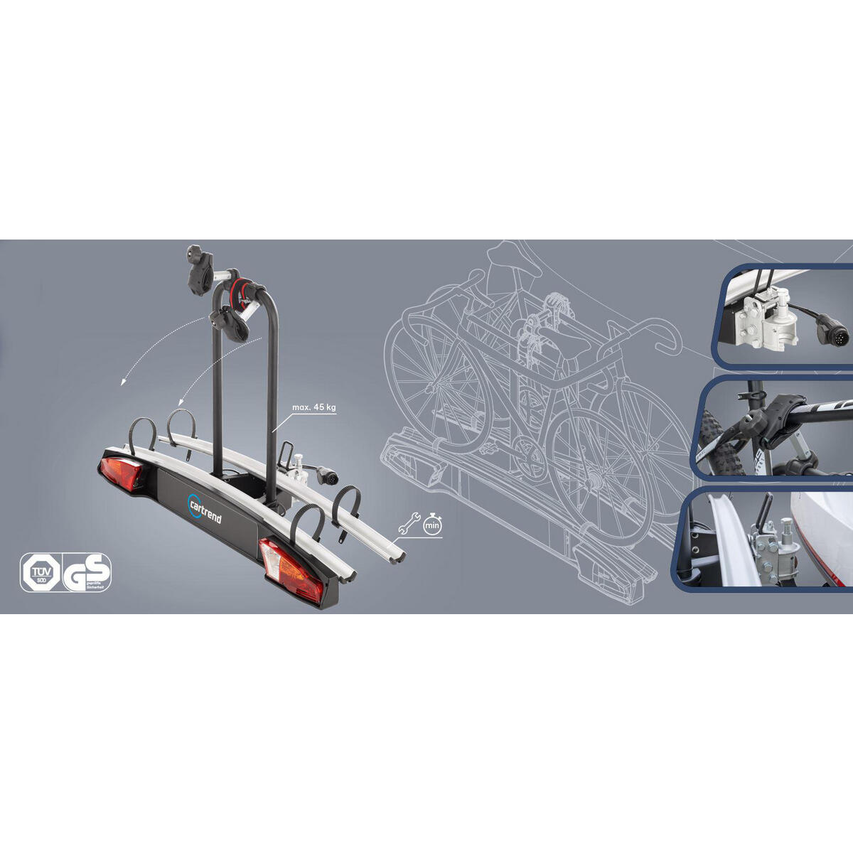 CARTREND Kupplungs-Fahrradträger Alu Active für 2 Fahrräder 4/8