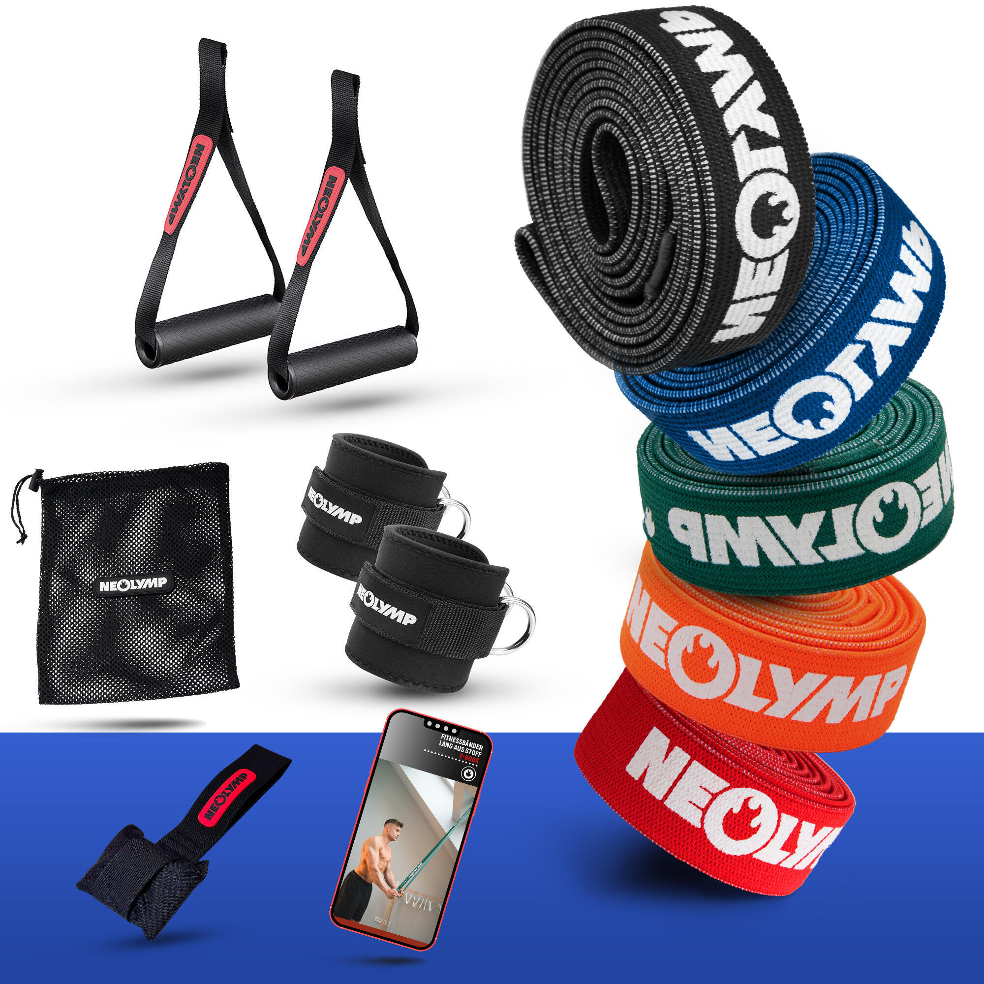 NEOLYMP Sada fitness gumiček z tkaniny– 5 úrovní odporu s taškou a prodloužením rukojeti