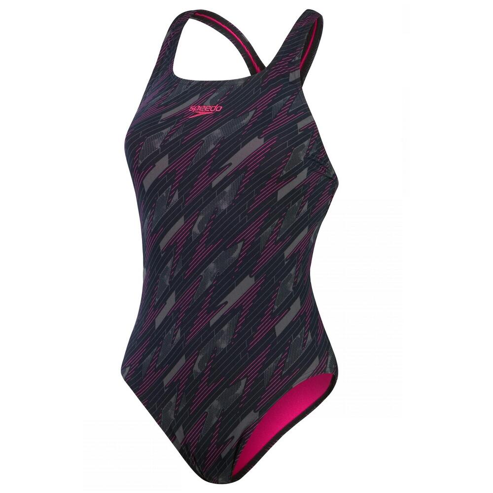 SPEEDO Womens/Ladies Hyperboom Medalist AllOver Print One Piece Swimsuit (Black/Pink)