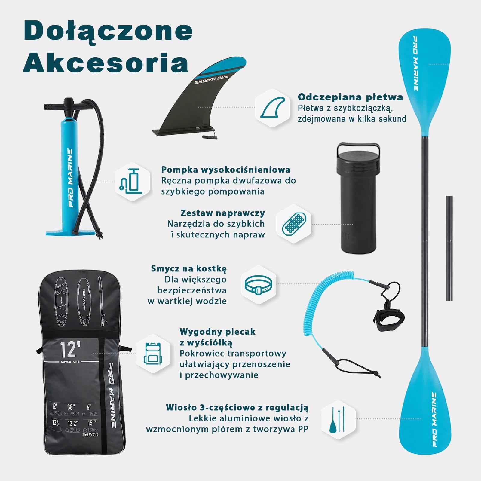 DESKA SUP PRO MARINE 365CM 12' zestaw - siedzisko, podwójne wiosło i akcesoria