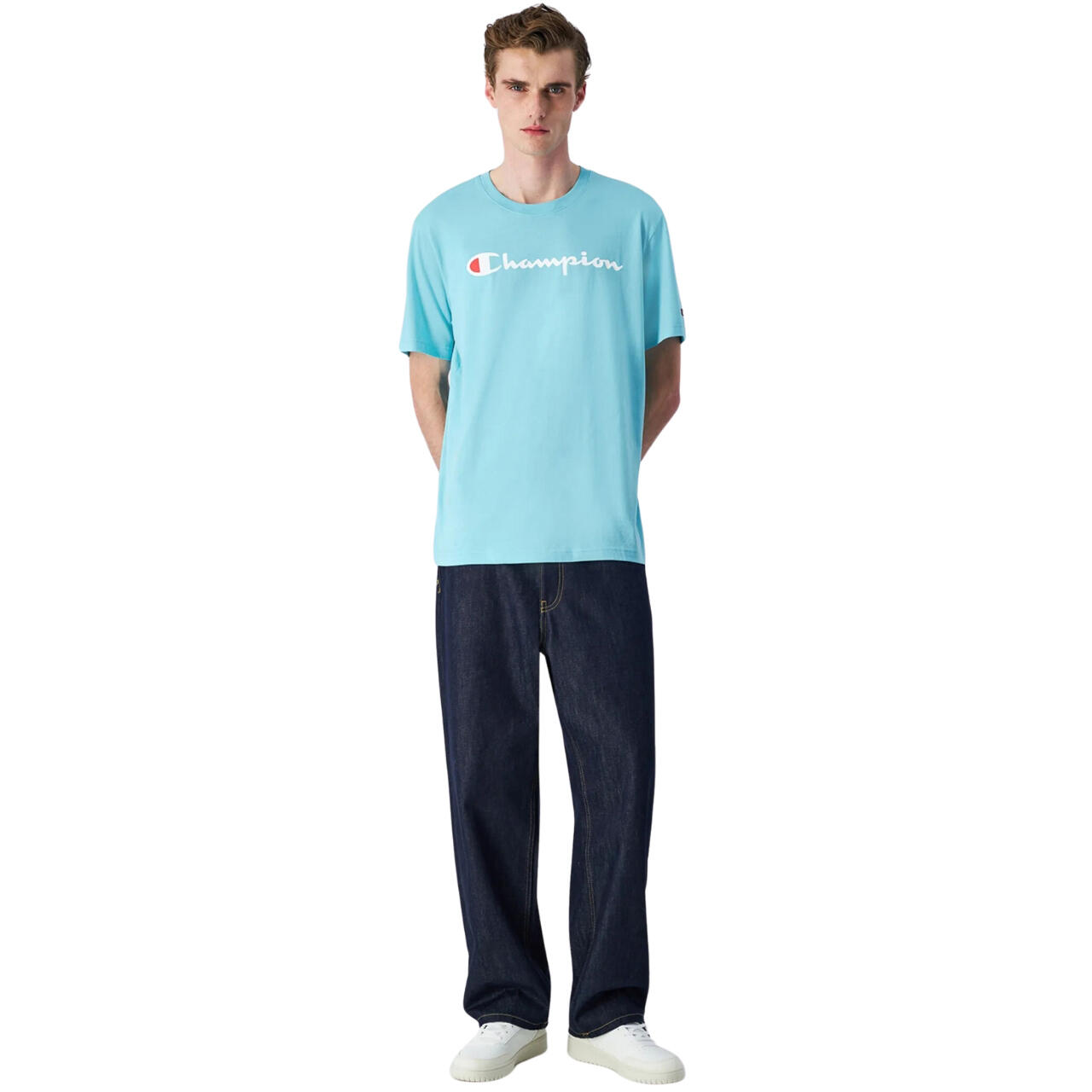 Champion TEE Light Cotton Jersey Uomo Logo Grande Cotone Celeste,M 5/5