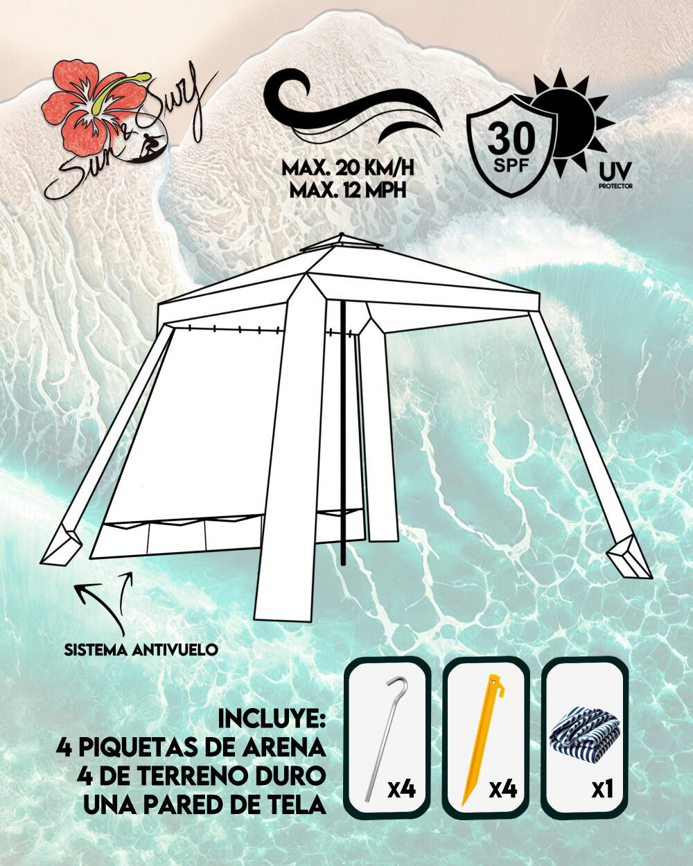 GRAN SOMBRILLA CUADRADA 180X180CM CON PARED – PROTECCIÓN SOLAR UPF30+ 2/7