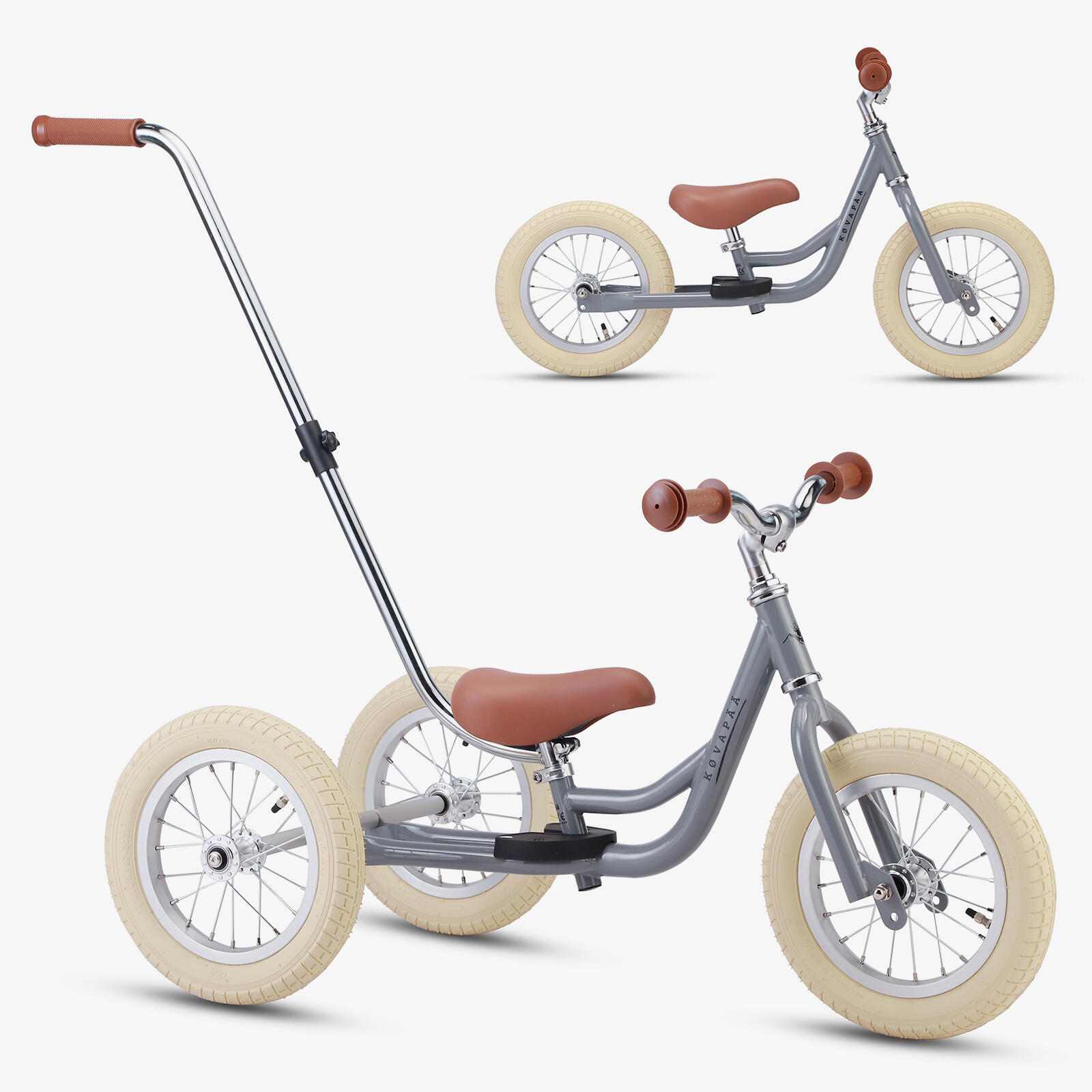 KOVAPAA Køvapää 2-in-1 loopfiets & driewieler met duwstang – Loopfiets - Grijs