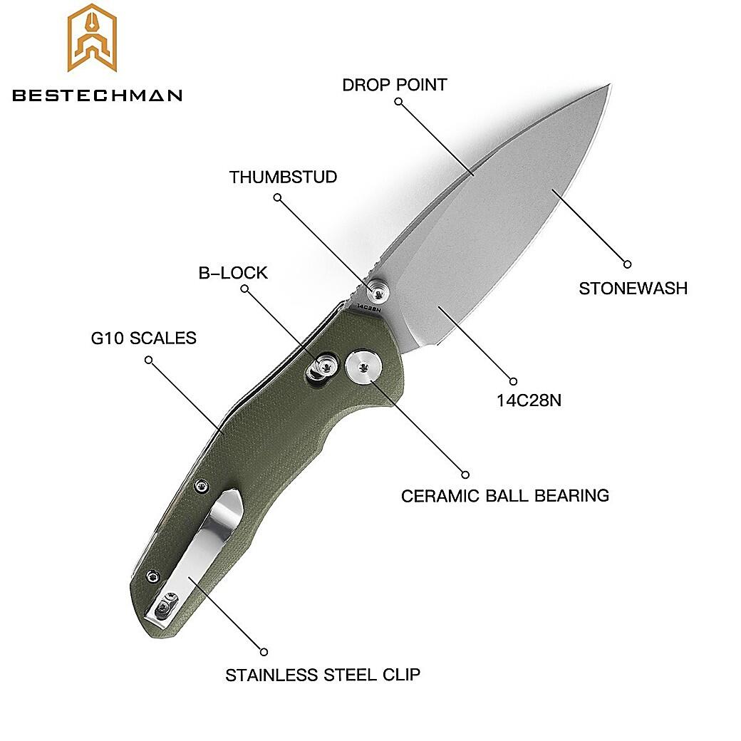 Bestechman Couteau de Poche Ronan Vert Stonewash OD G10 14C28N 5/7