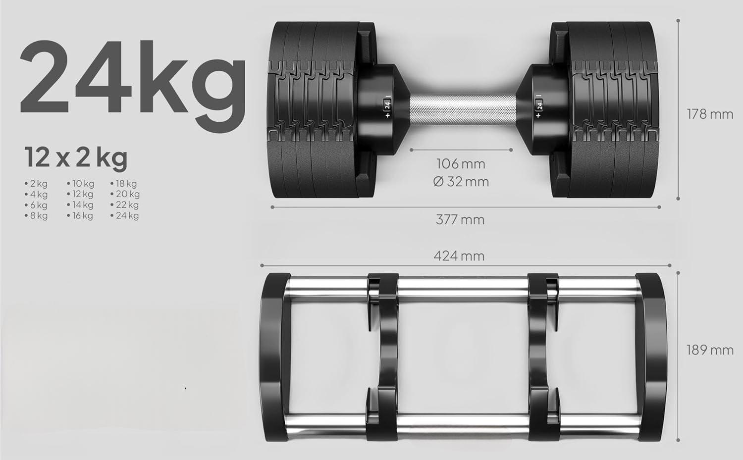 Manubrio Pesi Palestra Casa Da 2 A 24 Kg - 12 Livelli Regolabili Set Con Base 4/7