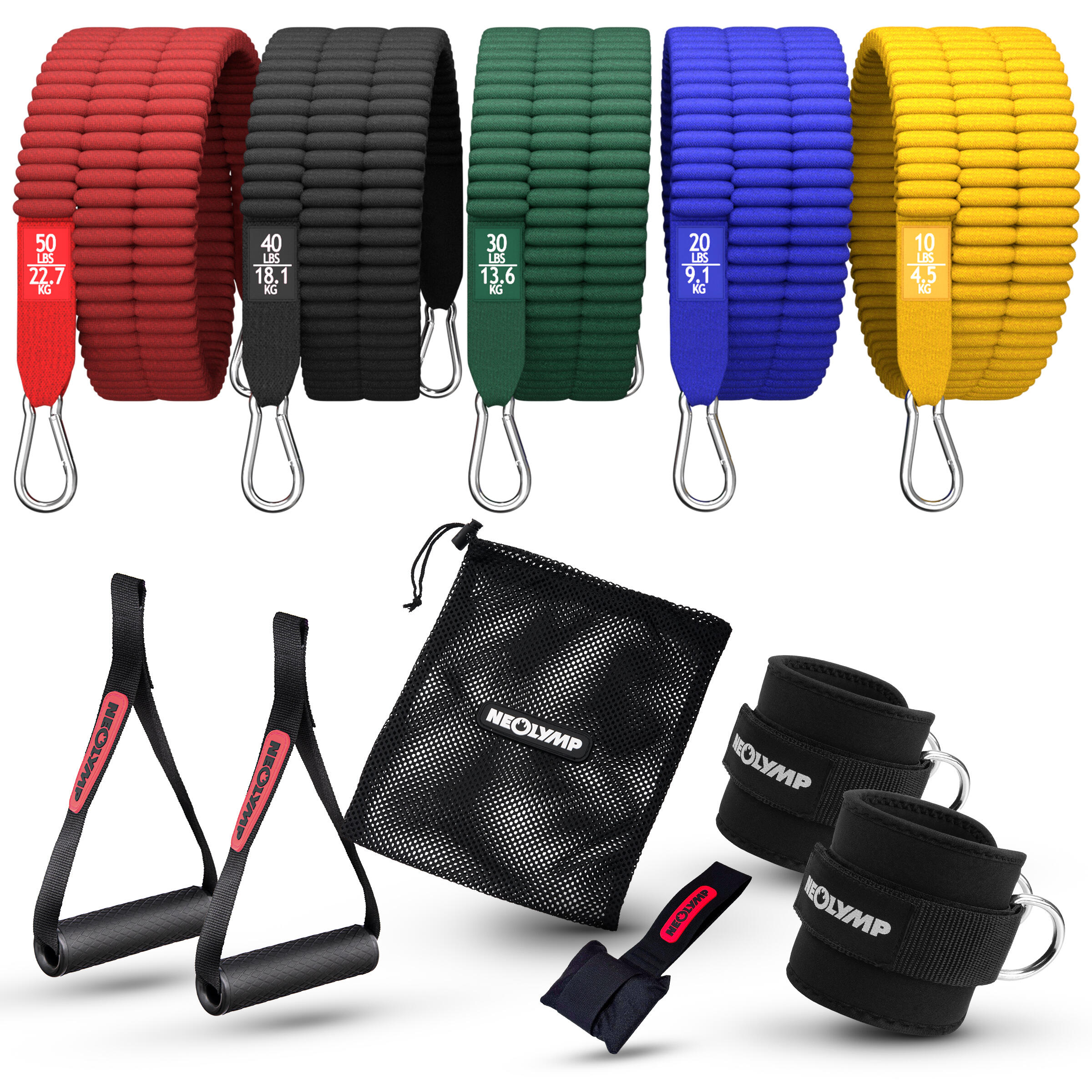 NEOLYMP Sada 5 posilovacích gum 4,5–22,7 kg s příslušenstvím