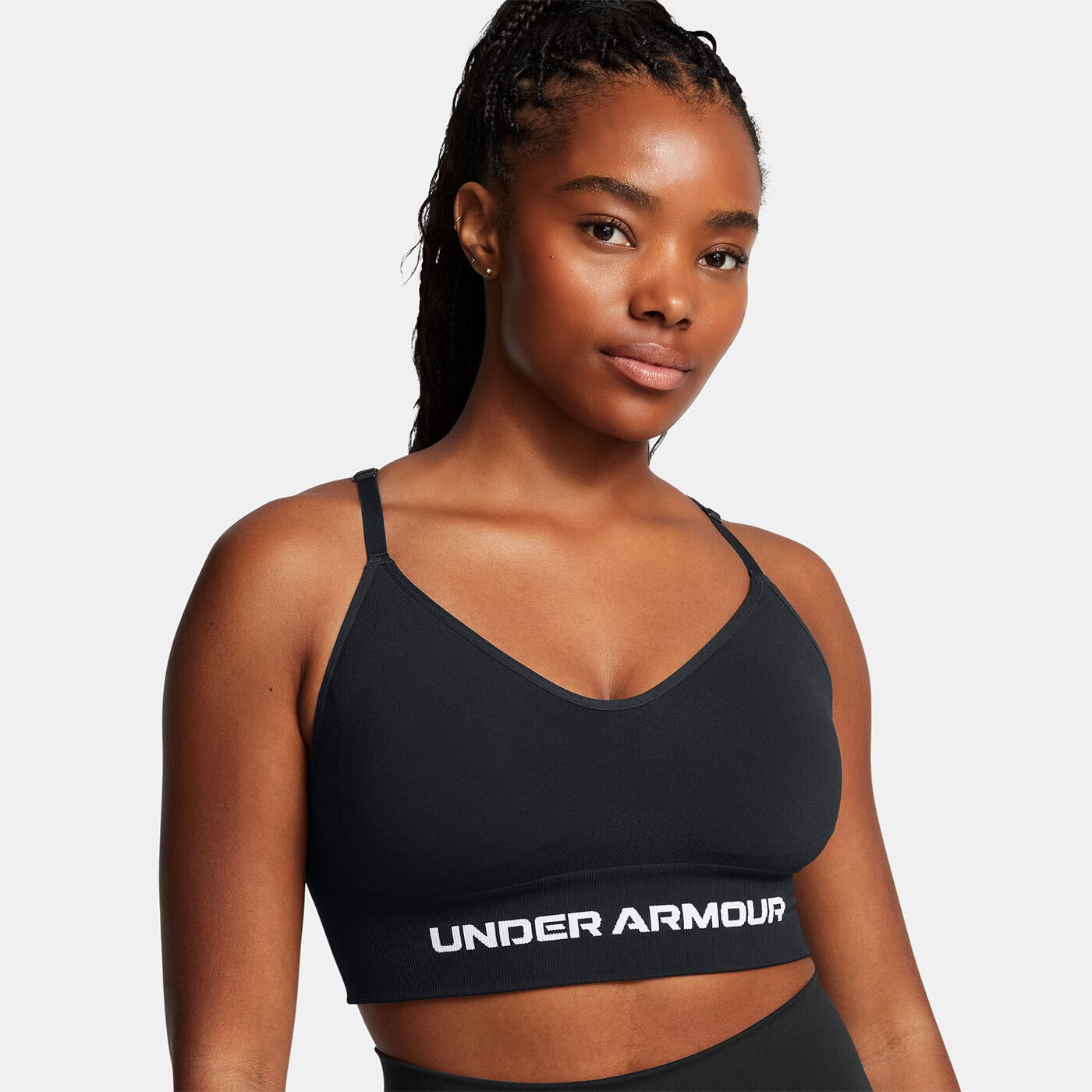 Top esportivo preto e branco com suporte leve UA Vanish Seamless feminino 6/7