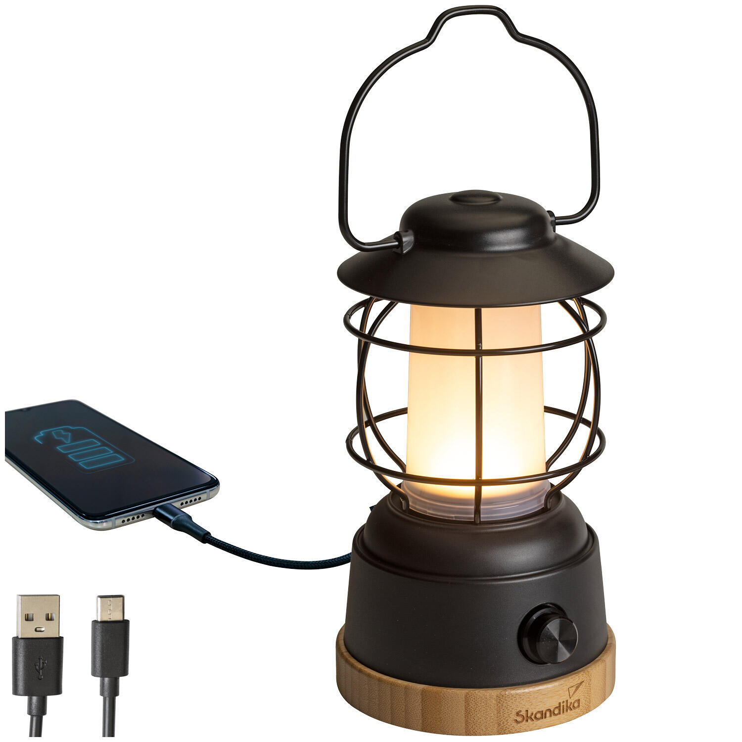 Skandika - Lampe Lanterne De Camping Led Kiruna Jord - Rechargeable - Usb - Bambou - Rétro - Lampe - Noir - Taille Unique - Decathlon