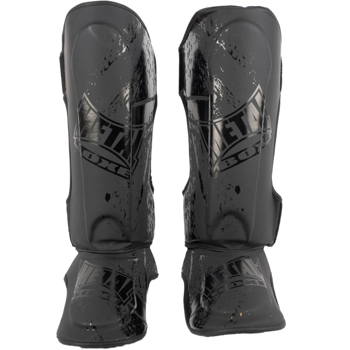 METAL BOXE Protège-tibias/pieds Mirror – Mousse Injectée, PU Mat, Double élastique, Velcro, Taille M, Noir