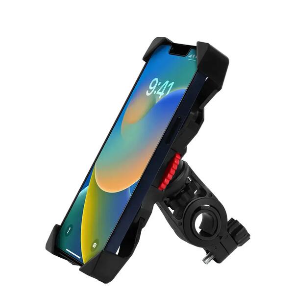 Black lockable phone clamp that mounts on a handlebar