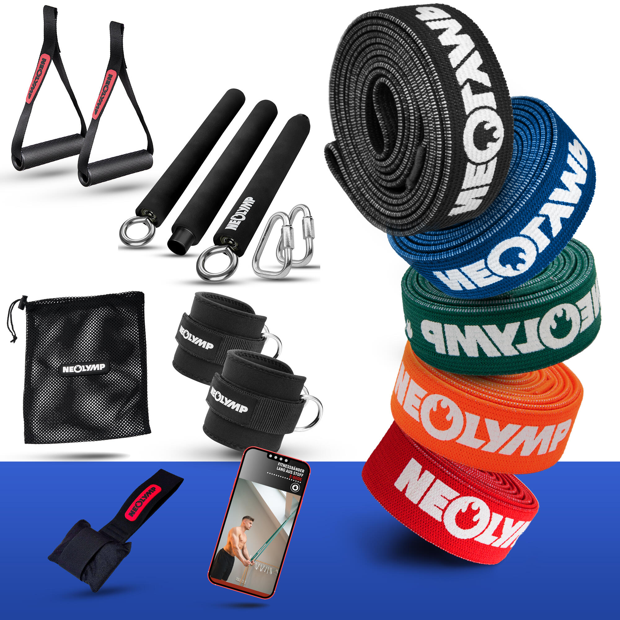 NEOLYMP Set Fasce Fitness in Tessuto – 5 Livelli di Resistenza con Borsa e Manici