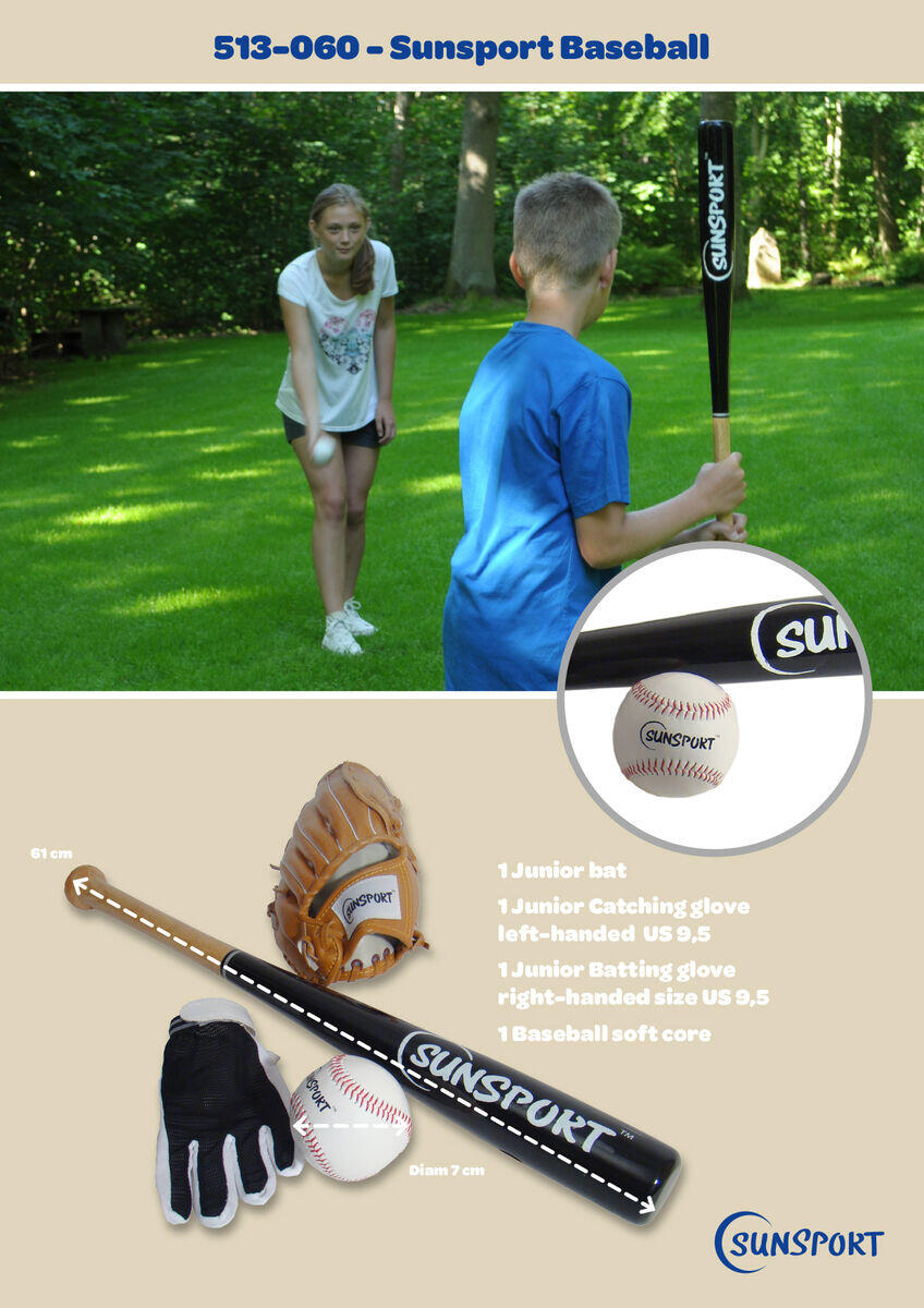 Baseball Zestaw Junior Sunsport piłka, kij,2x rękawica Sunsport 3/3
