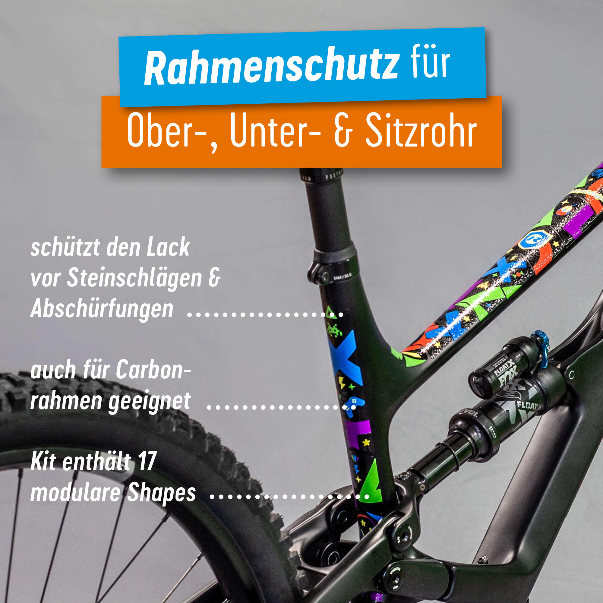 Riesel Design Aufkleber Schutzfolie Rahmenschutz MTB Transparent Glanz 17teilig 3/8