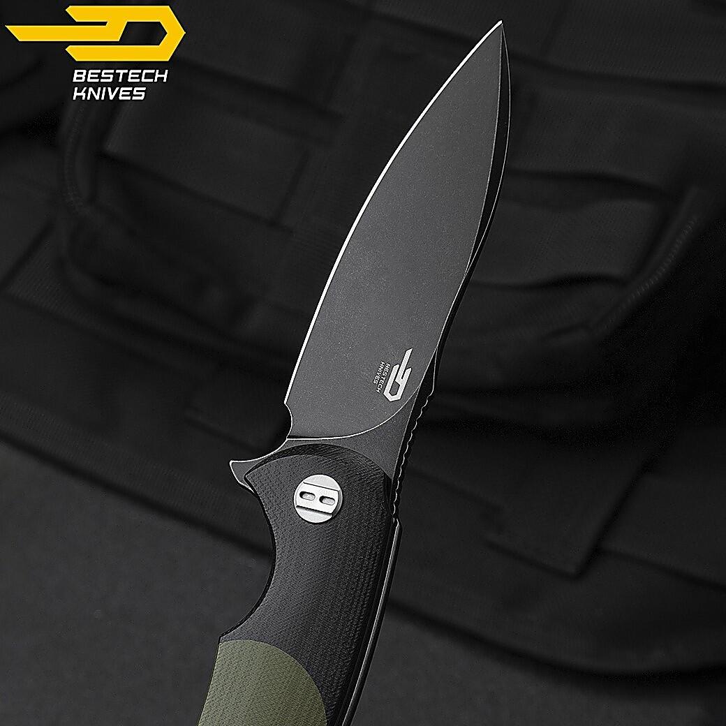 Bestech Couteau de Poche Penguin Noir Vert Armee G10 D2 6/7