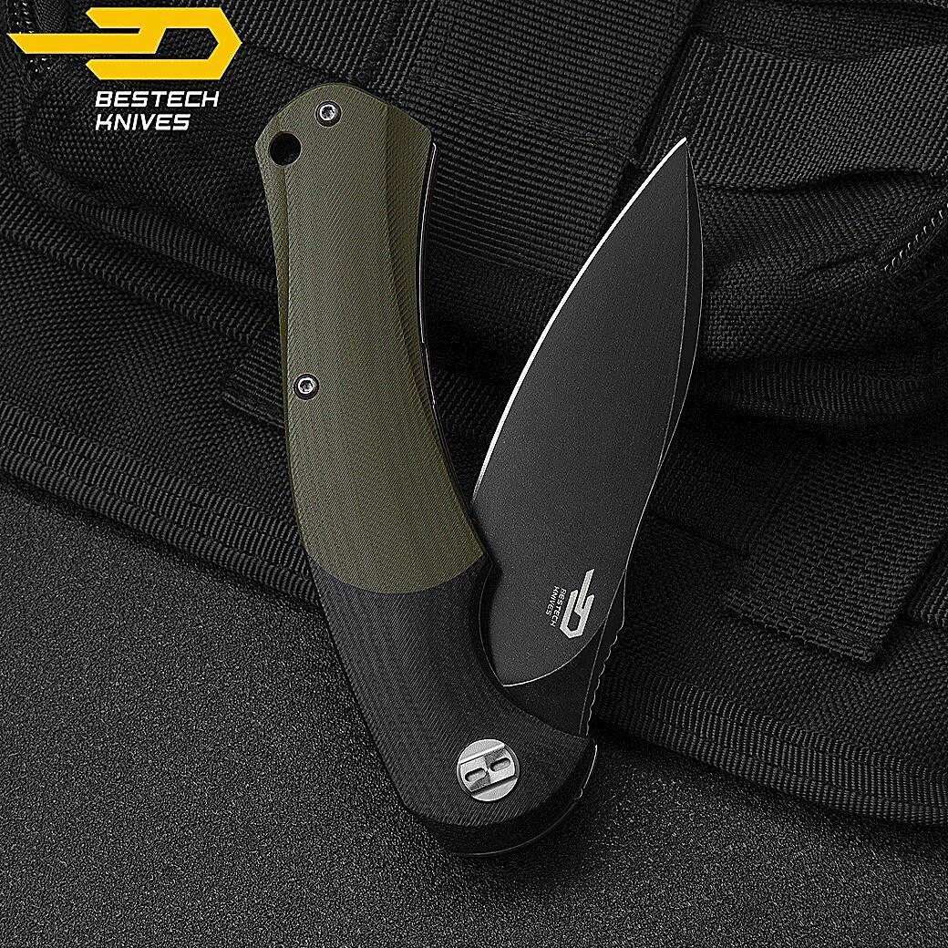 Bestech Couteau de Poche Penguin Noir Vert Armee G10 D2 5/7