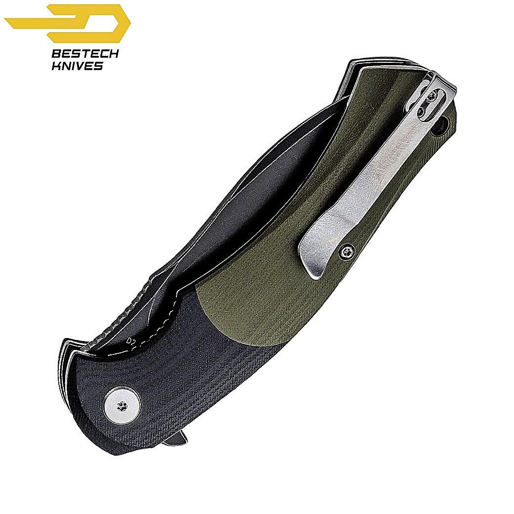 Bestech Couteau de Poche Penguin Noir Vert Armee G10 D2 2/7