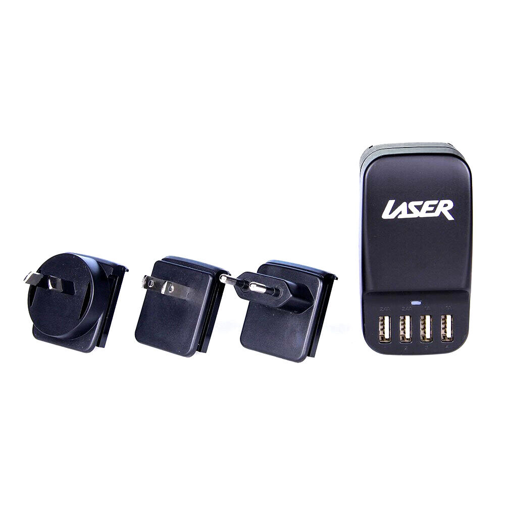 Laser Quad USB Travel Charger W/ 3 International Plugs