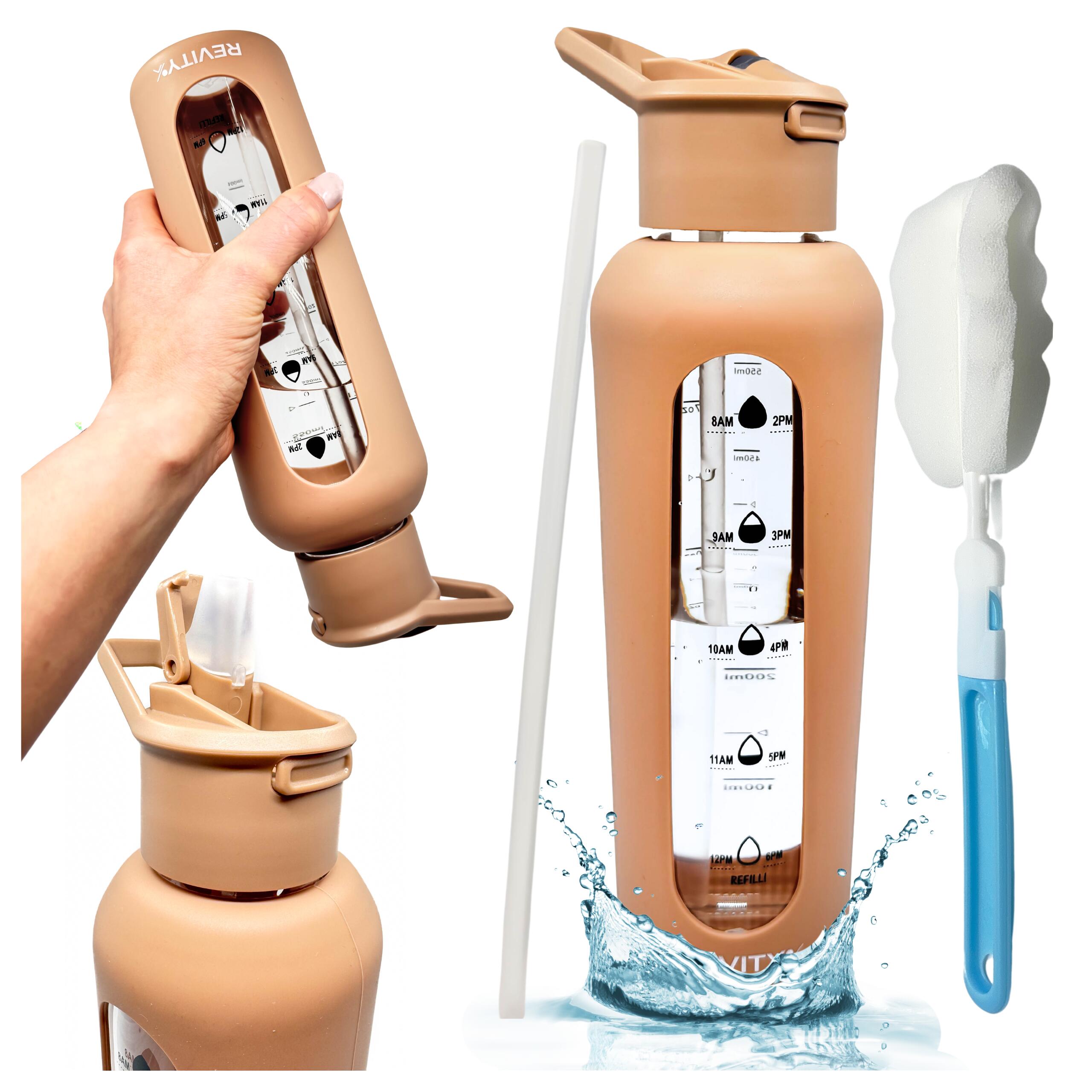 Botella Fitness de agua de vidrio 700 ml bidón con funda de silicona y pajita 6/7