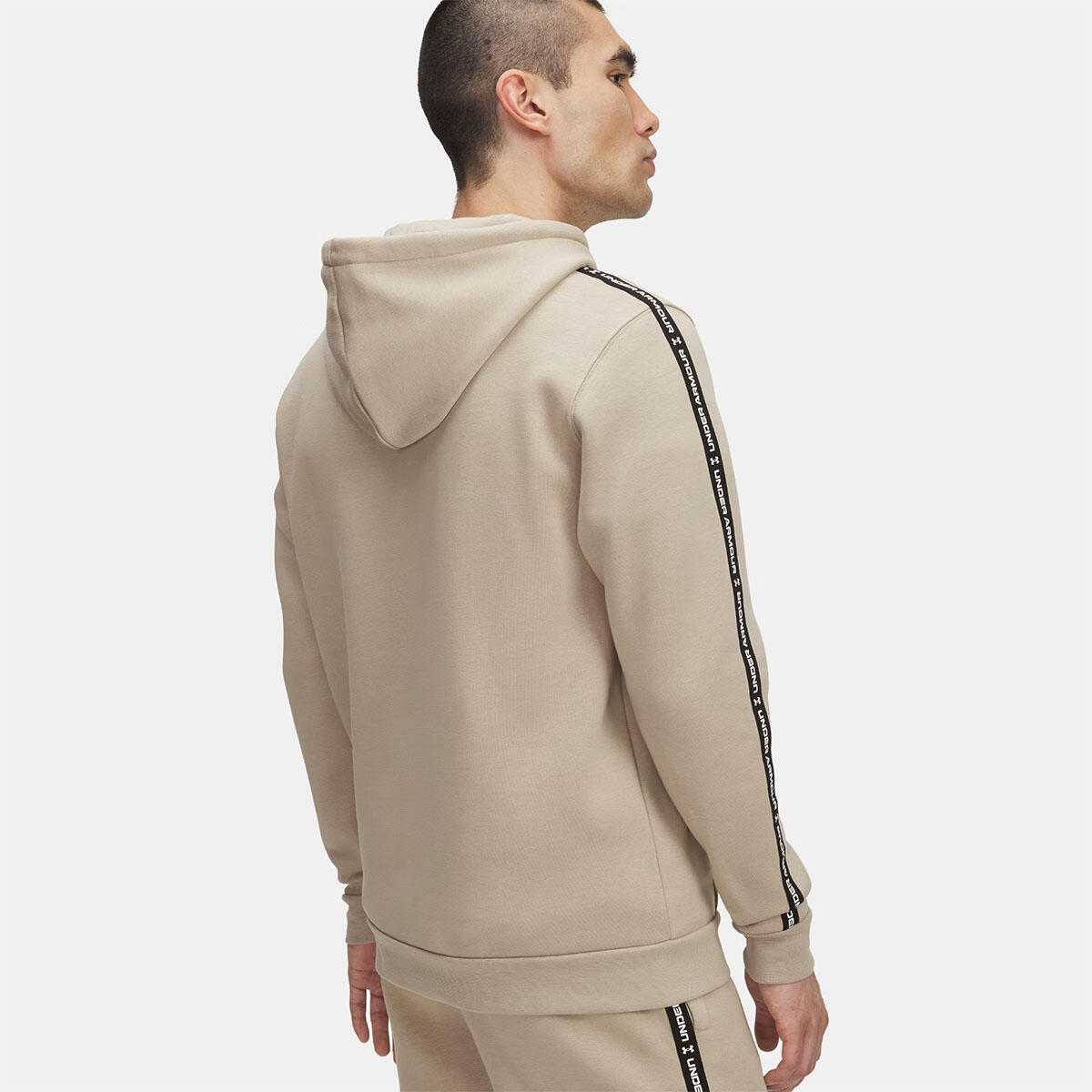 Sweat à capuche à bandes griffées UA Icon Fleece pour homme Beige 2/3
