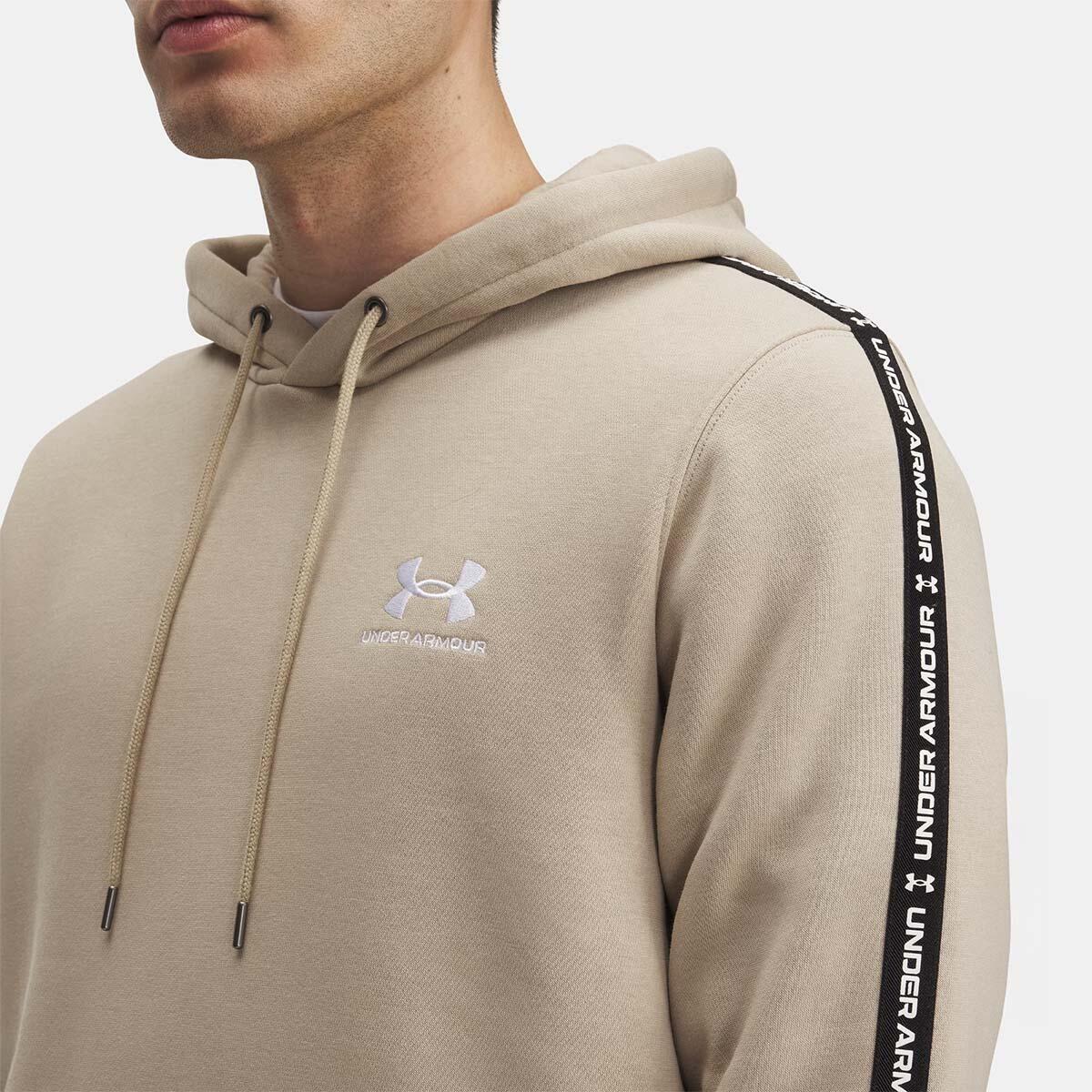 Sweat à capuche à bandes griffées UA Icon Fleece pour homme Beige 3/3