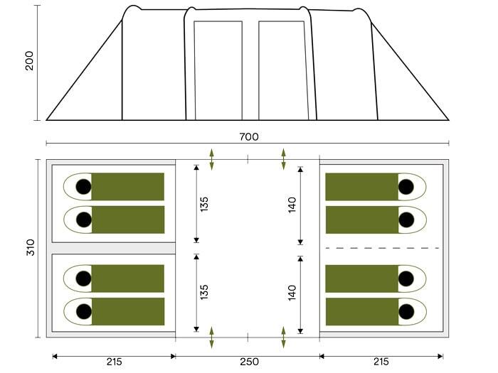 Tweedehands - Familietent Tunneltent Montana 8 – Campingtent - 3 Slaapcabines 7/7