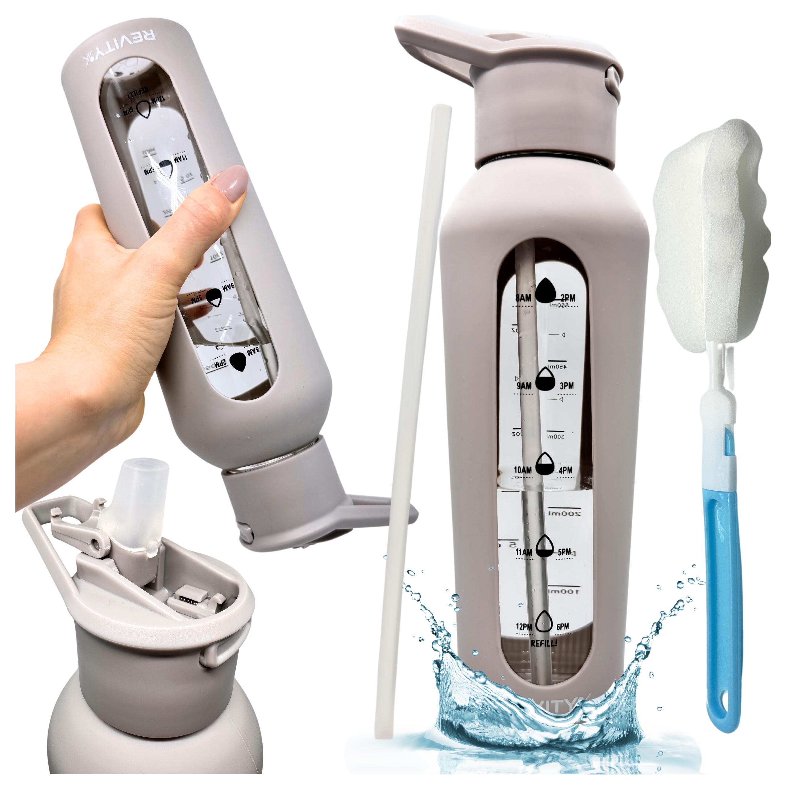 Botella Fitness de agua de vidrio 700 ml bidón con funda de silicona y pajita 5/7