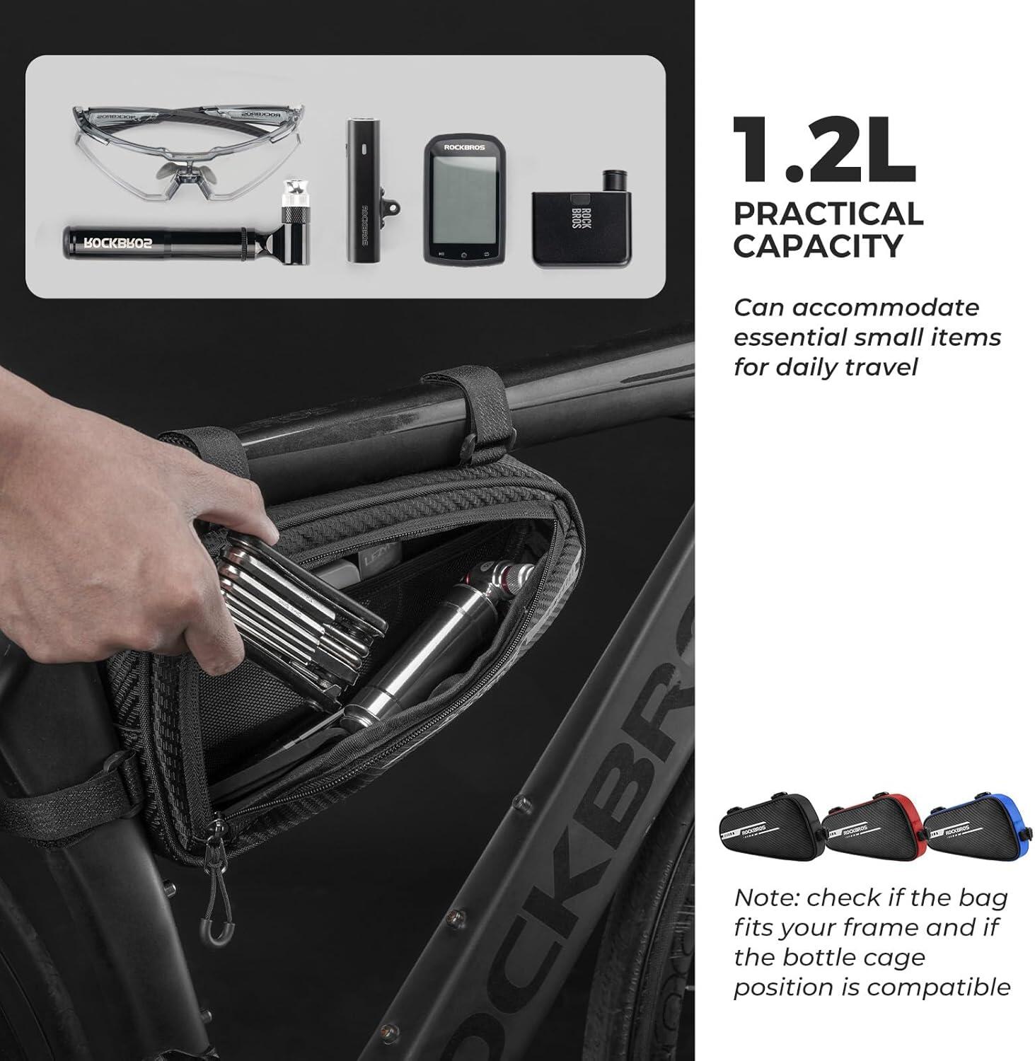 ROCKBROS Sacoche Cadre Vélo VTT BMX Triangle Réfléchissant Noir 1.2L 5/6