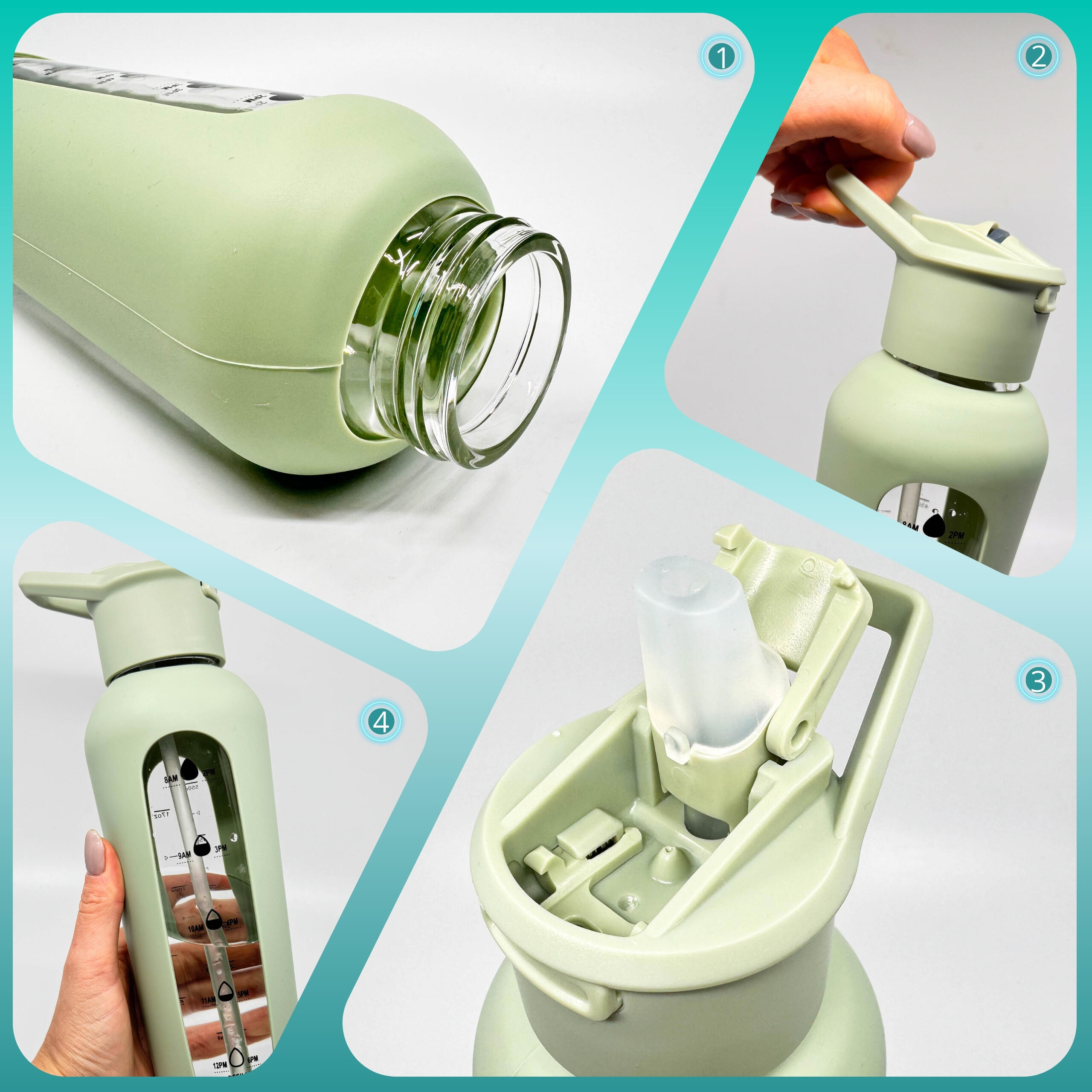 Glazen drinkfles - bidon motiverende 700 ml met siliconen hoes en drinktuit 3/7