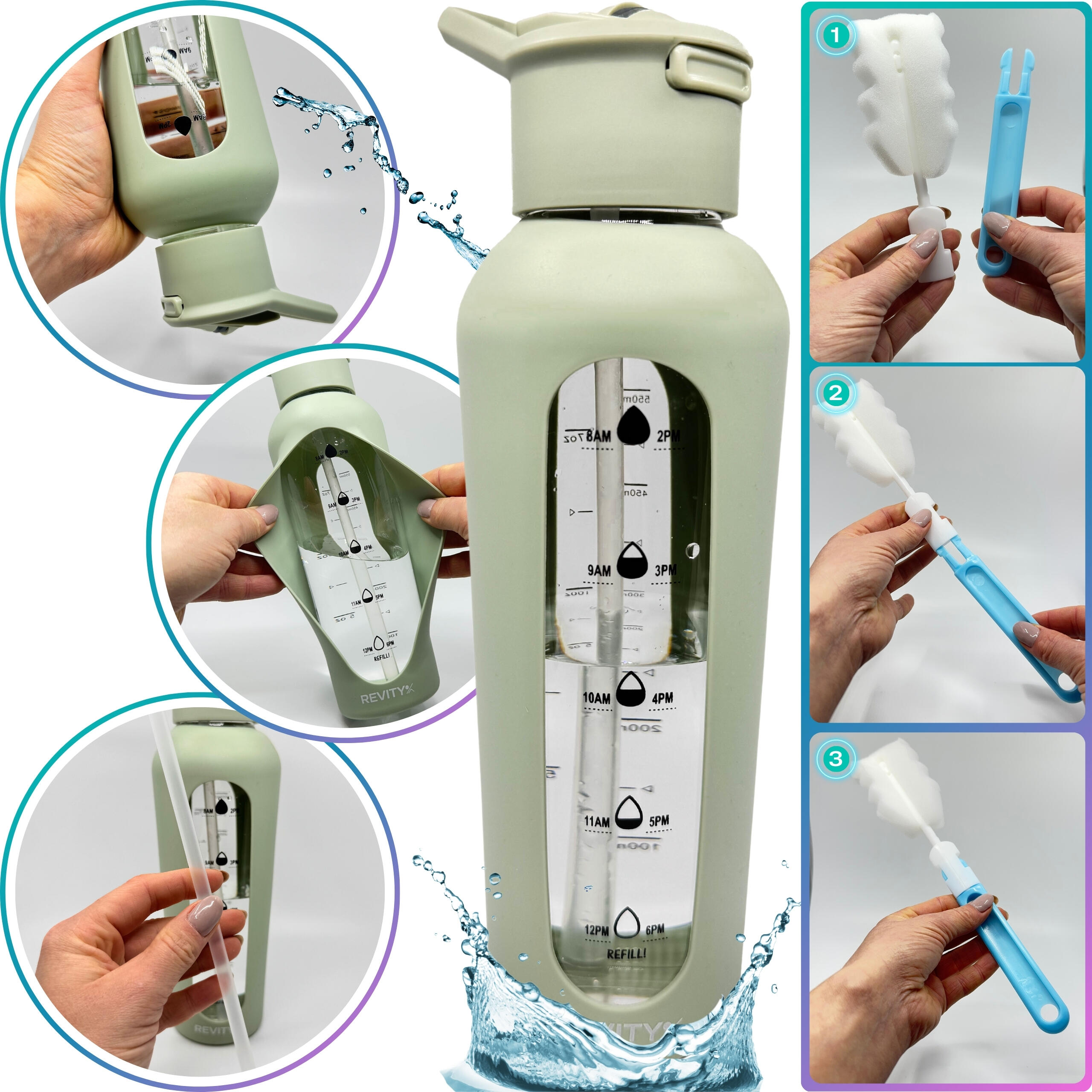 Glazen drinkfles - bidon motiverende 700 ml met siliconen hoes en drinktuit 5/7