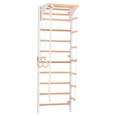 Kletterwand mit Reck, Ringen & Seil aus Holz (Kombi 2 weiß)