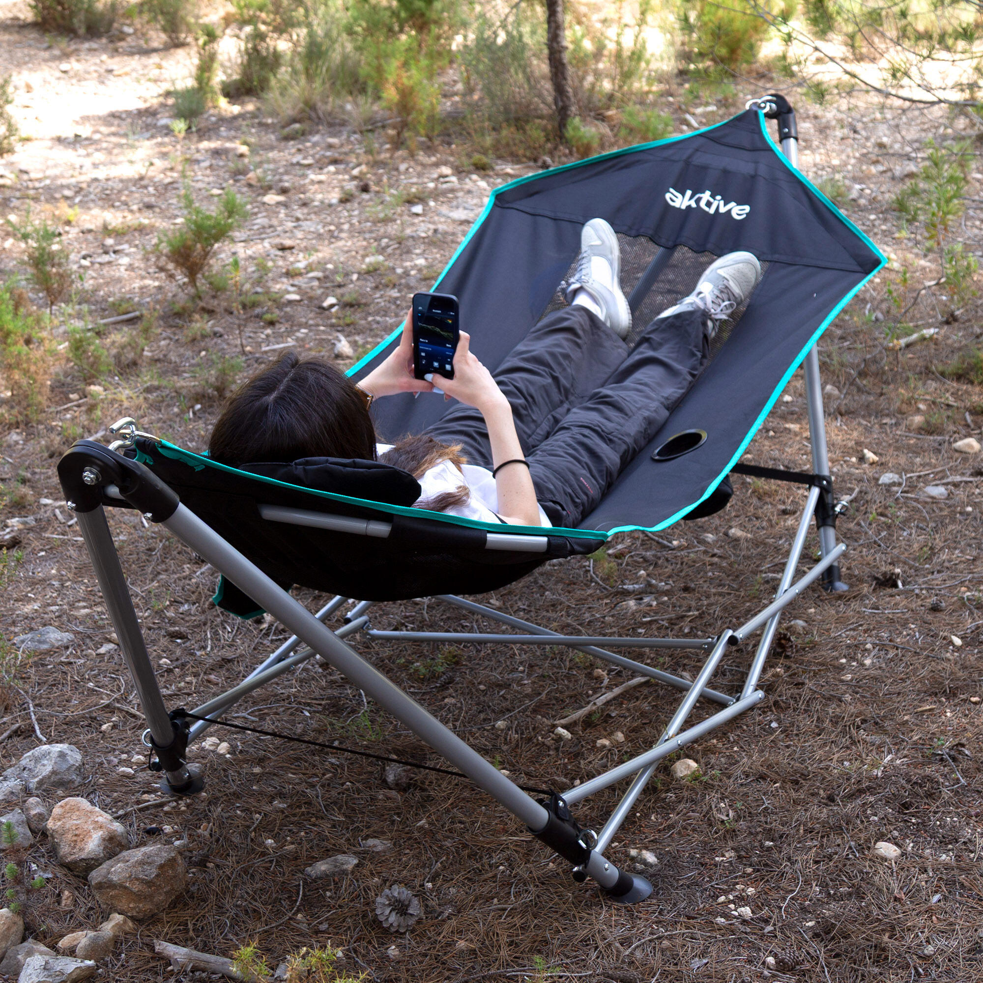 Hamac pliant avec cadre en acier 265x78x80 cm avec porte-gobelets 3/7
