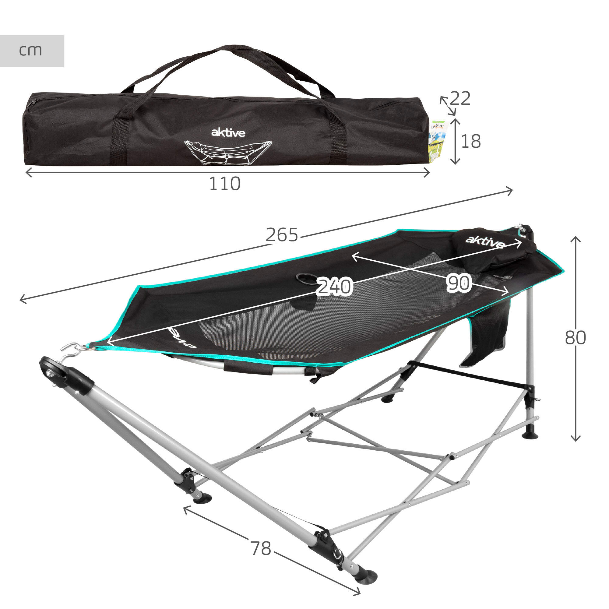 Hamac pliant avec cadre en acier 265x78x80 cm avec porte-gobelets 4/7