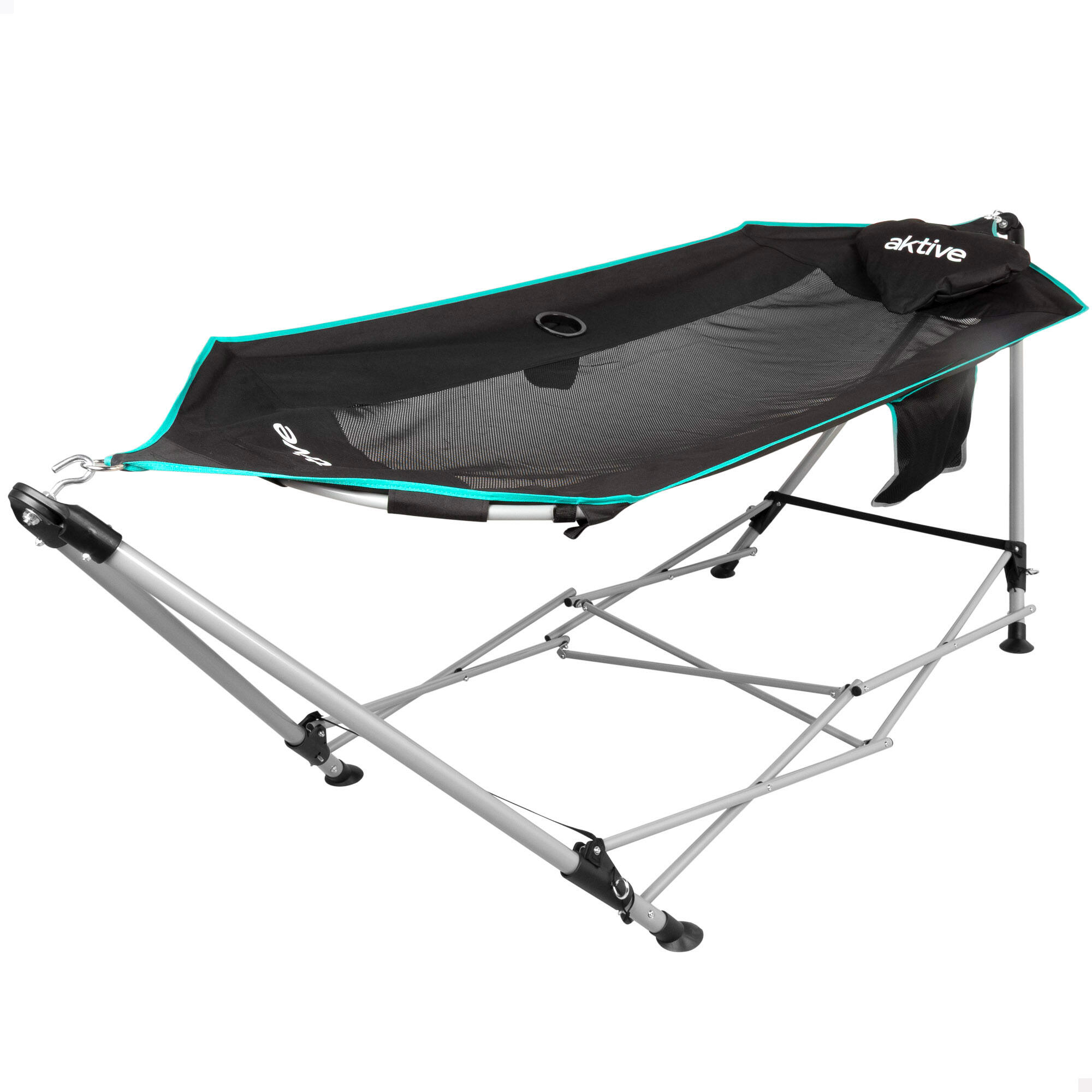 Aktive rede dobrável com estrutura de aço 265x78x80 cm com porta-copos